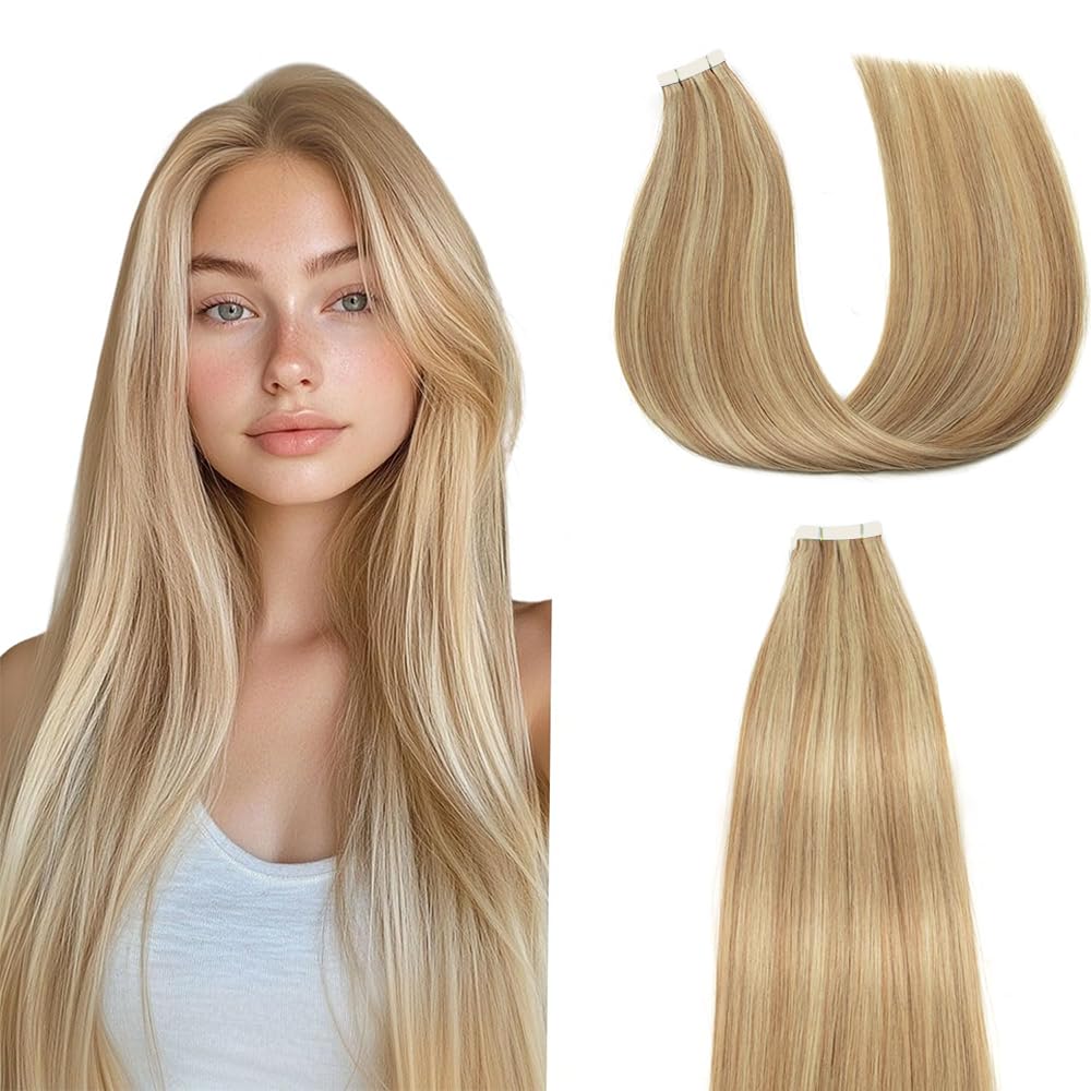 Photo 1 of 26 Inch Tape In Hair Extensions HuxoWax P27/613 Straight Hair Extensions Double Weft Highlight Blonde VirgIn Soft And Silky Remy Hair
