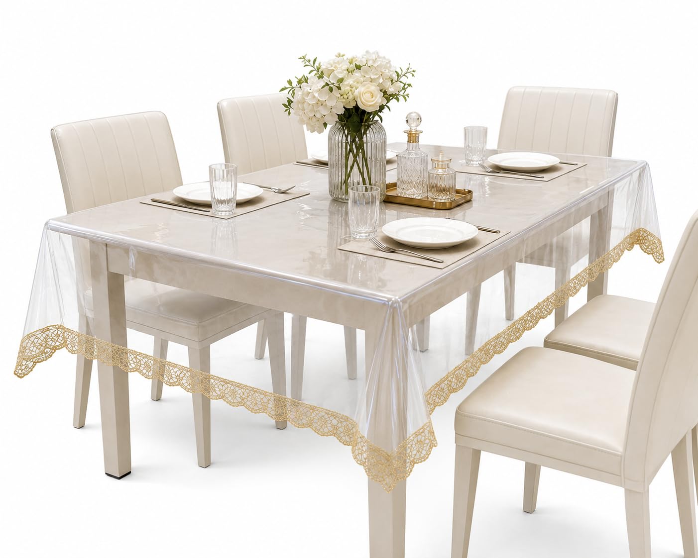CASA-NEST Thick PVC Golden lace Waterproof Rectangular Dining Table Cover 8 Seater 60x108 inches, Transparent trans004-picture-18