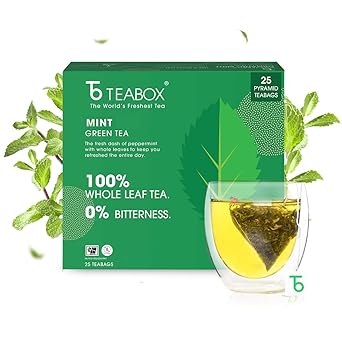 Teabox Mint Green Tea | 25 Tea Bags with Premium Green Tea & Real Peppermint Leaves | Refreshing, Cooling & Smooth | Low Caffeine | Clean Ingredient Blend - image, photos