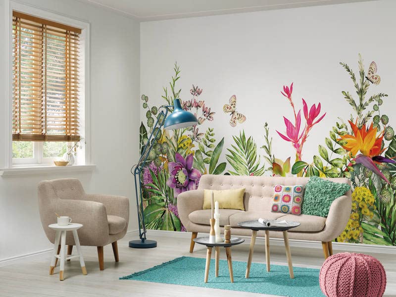 Fototapete Blumenwiese Sommer mit Schmetterlingen grün pink lila...