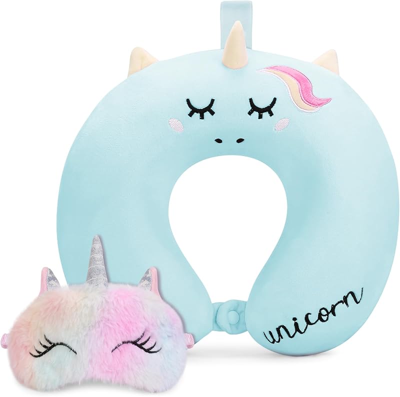 Almohada para el cuello para niños pequeños, almohada de viaje para el cuello para viajar con máscara para los ojos, artículos esenciales de viaje para avión con diseño de unicornio, espuma viscoelástica para el vuelo del auto, reposacabezas para dormir para bebé, niño y niña, regalo (azul)