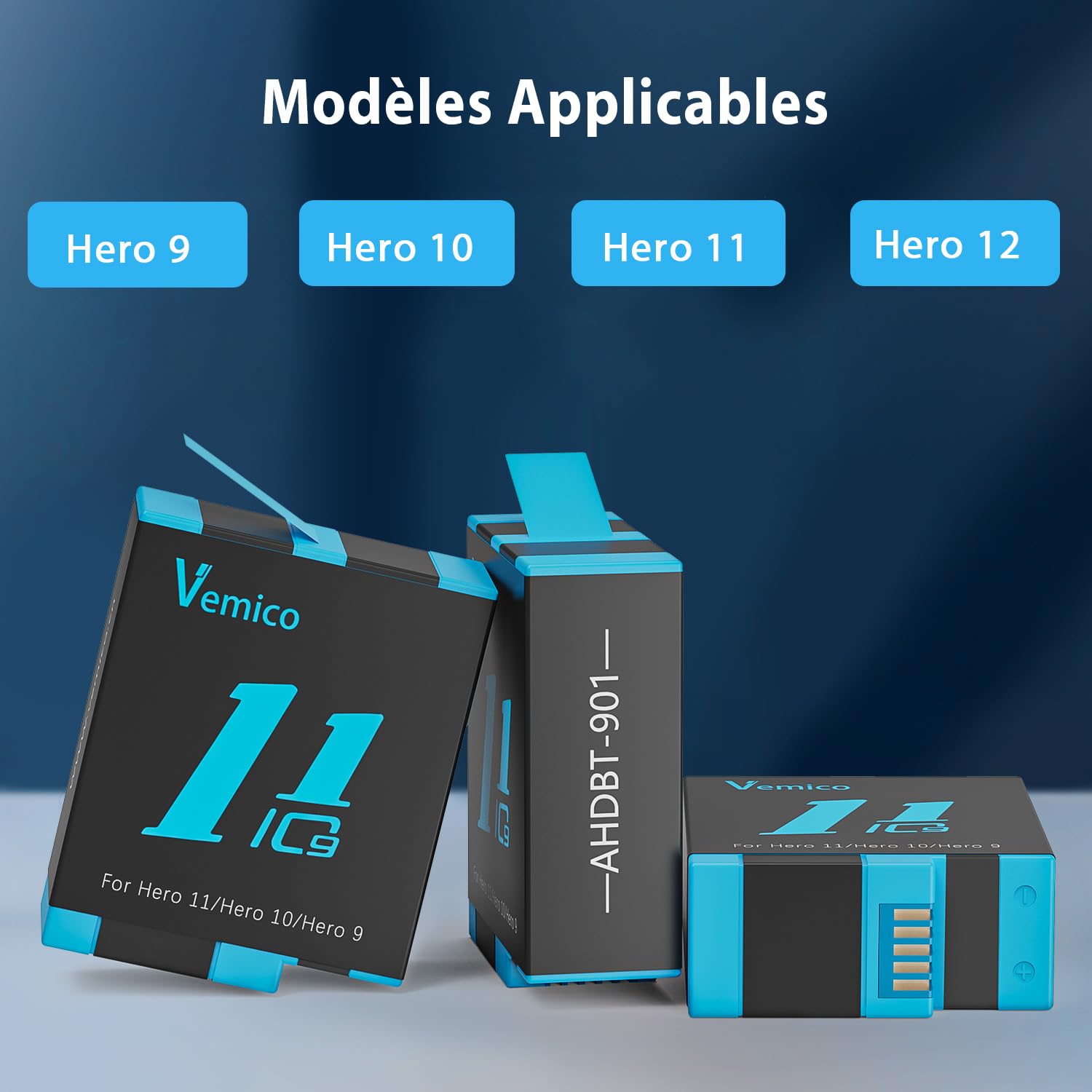 Vemico Hero 11 Batterie Chargeur Kit 3 Pack 1800mAh Hero 10 Batterie Type-C LED 3-Canaux Chargeur AHDBT-901 pour Hero 12Black/ Hero11 Black/ Hero10 Black/Hero 9Black