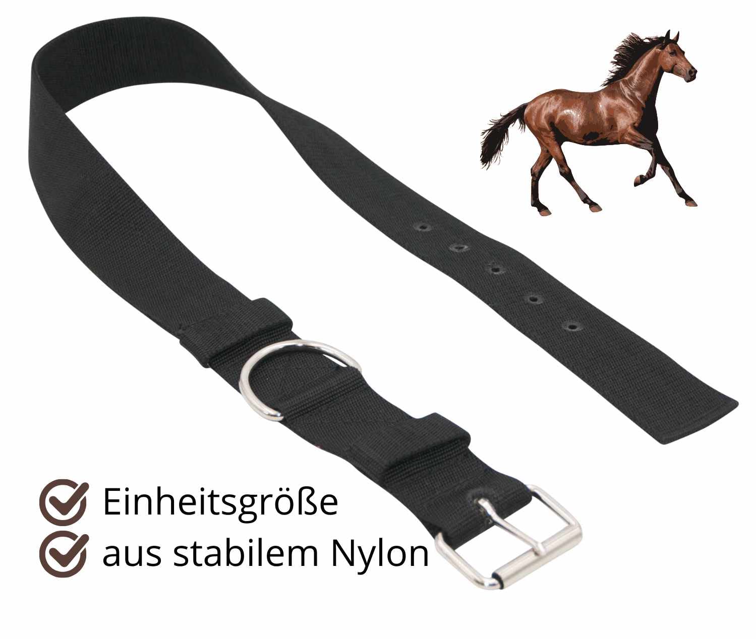 AMKA Halsriemen Nylon Anbinderiemen Anbindegurt für Pferde aus doppeltem Nylon mit Schnalle und Ring, schwarz