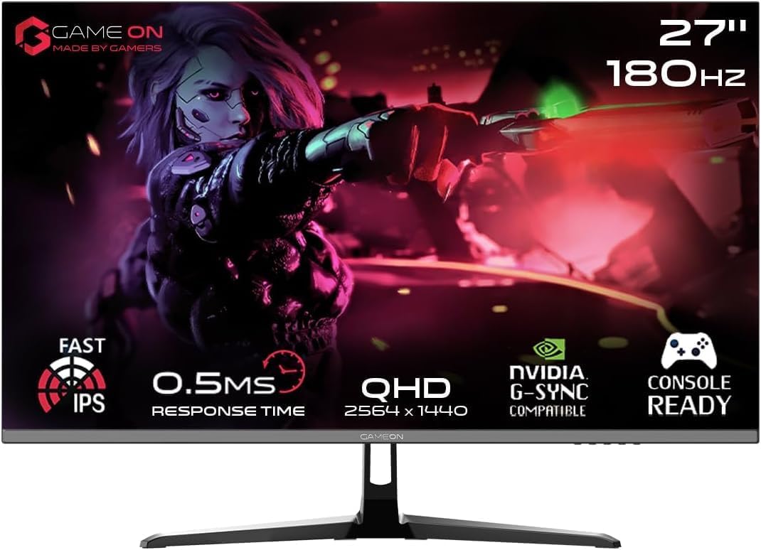 GAMEON GOPS27QHD180IPS 27 Inch Gaming Monitor QHD 2K 180Hz Fast IPS Computer Monitor, 0.5ms MPRT, HDMI 2.1, HDR, 99% sRGB, G-Sync & FreeSync Compatible, Built-in Speakers, PS5 & Console Ready, Black