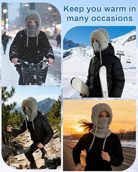 3 in 1 Beanie Hat with Scarf and Mask,Womens Knit Beanie Hat Fleece Lined Winter Scarf Mask Set Snow Caps 7-14 Days delivery - Image 5