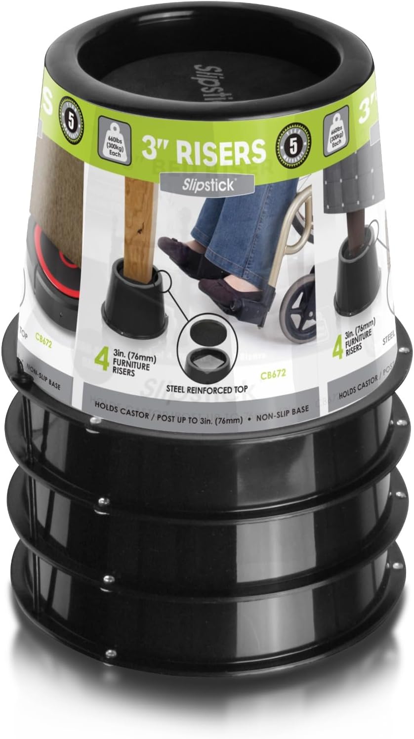 Slipstick 3 Inch Bed Risers/Furniture Raisers with Steel Reinforced Holder Top, Lifts Height 3" (4 Pack) Supports 2,640 Pounds, Black, CB672