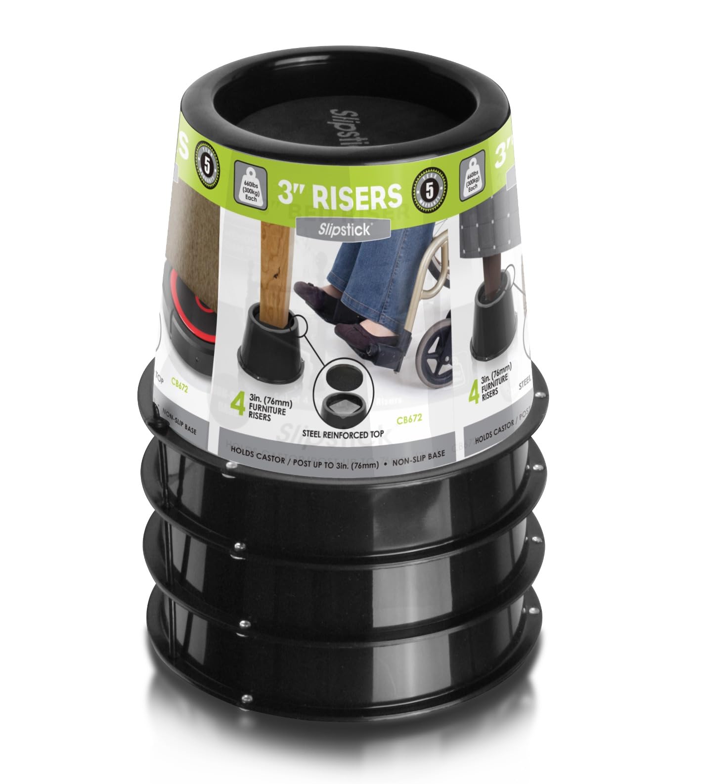 Slipstick CB672 Premium 3 Inch Bed Risers/Furniture Raisers with Steel Reinforced Caster Wheel Holder Top, Lifts Height 3" (4 Pack) Supports 2,640 Pounds, Black, Stackable with CB671