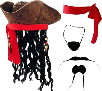 Pirate Wig Hat Men Halloween Pirate Costume Accessories with Eye Patch Belt Beard for Cosplay Party