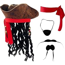 Pirate Wig Hat Men Halloween Pirate Costume Accessories with Eye Patch Belt Beard for Cosplay Party