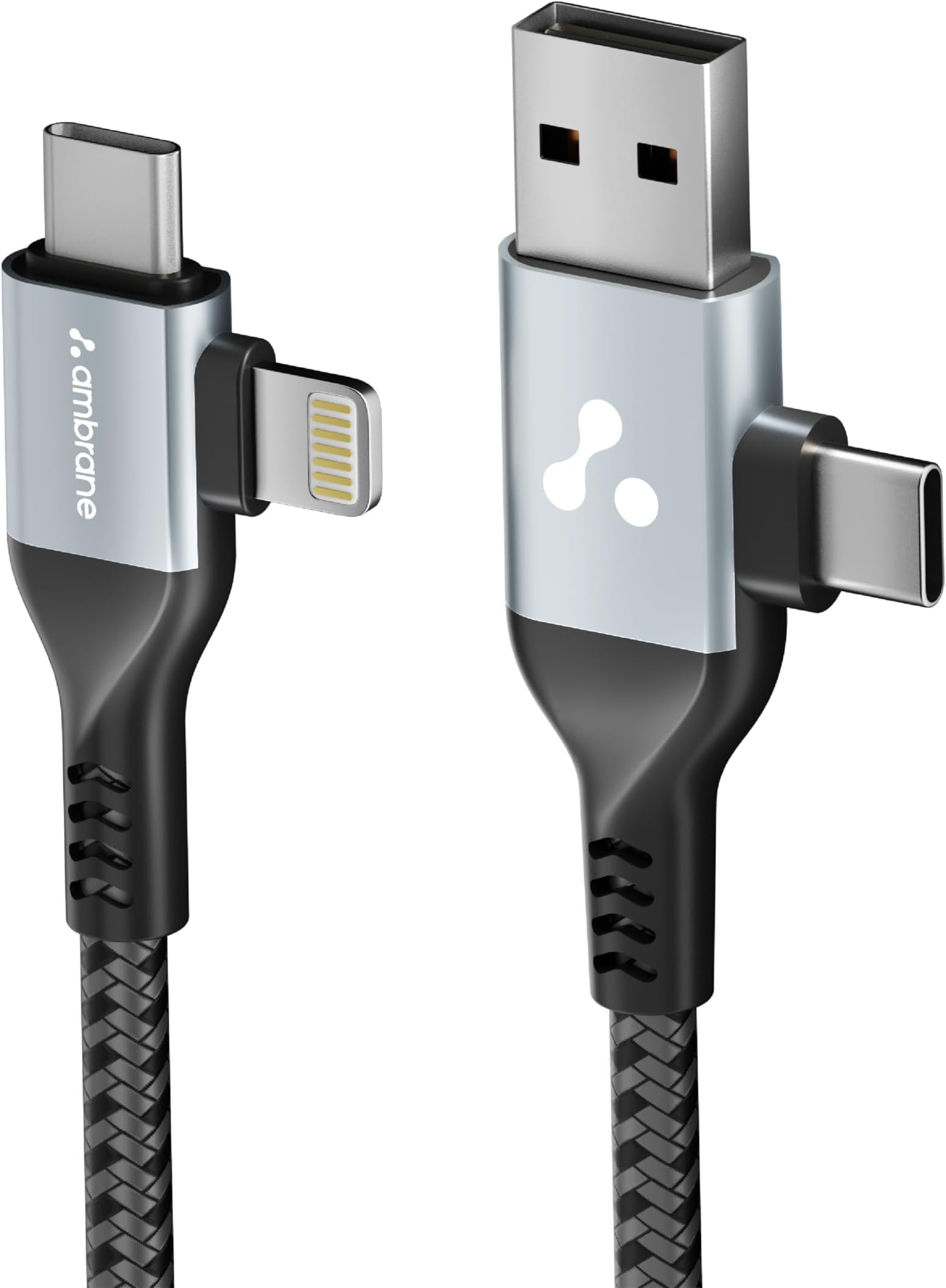 Ambrane 4 In 1 Multi-Functional Charging Cable | Fast Charging & Data Sync | Universal USB, Type-C, Lightning Cable | Compatible With Android, iPhone, Tablets, And USB-C Devices (AC4CL-15, Silver),1M
