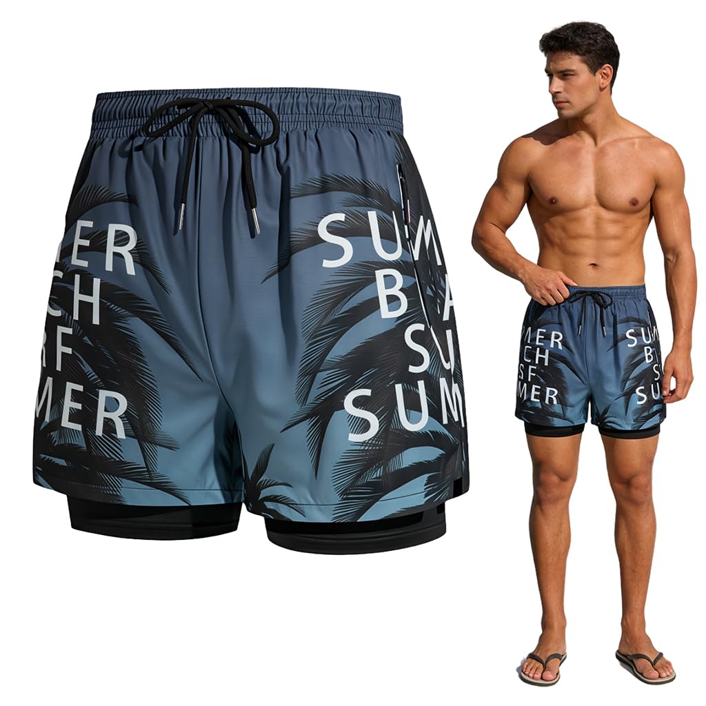 Swim Trunks for Men, Quick-Dry Polyester Beach Shorts with Inner Lining, Elastic Drawstring Waist, Tropical Palm Leaf Fashion Lightweight Beach Wear for Swimming, Vacation & Traval, 3XL-image-1