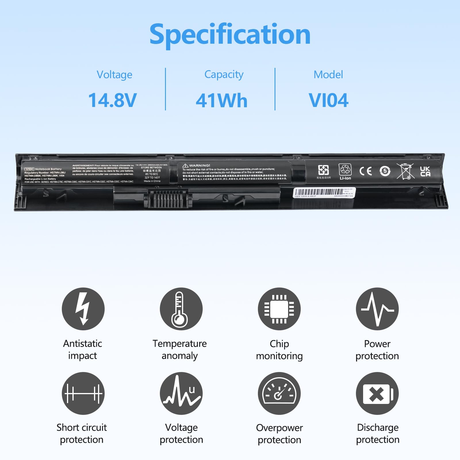 2800mAh V104 756743-001 VI04 756478-421 Batterie pour HP ProBook 450 G2 455 G2 440 G2 756746-001 756744-001 756745-001 756478-851 756478-422 756479-421 【14.8V /41Wh/4-Cell】