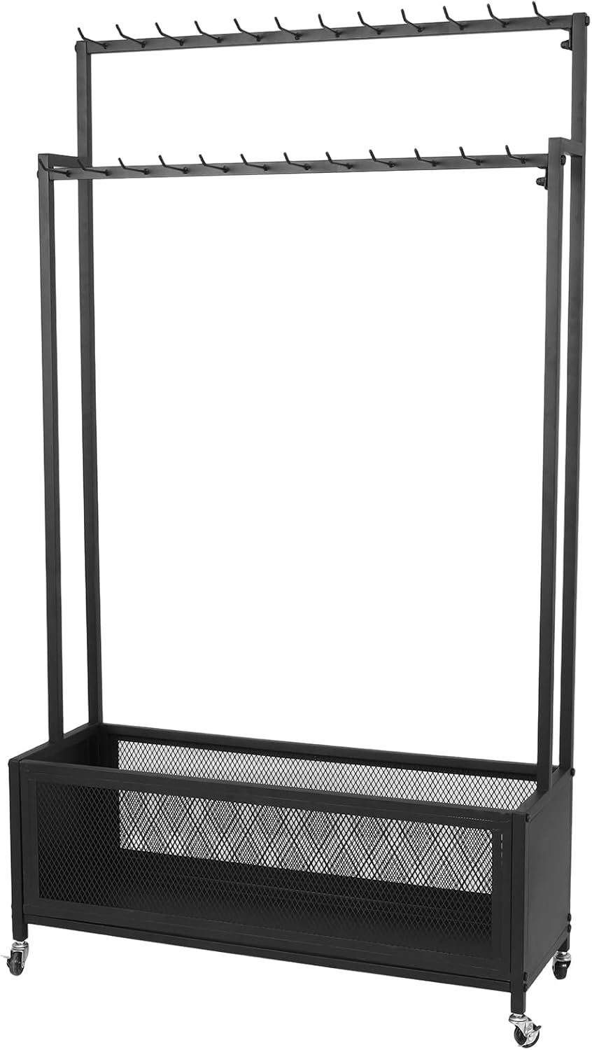 2-Layer Floor Standing Belt Rack with Wheels & Hooks Metal Display Stand Organizer for Bedroom Store Clothing Retail Business