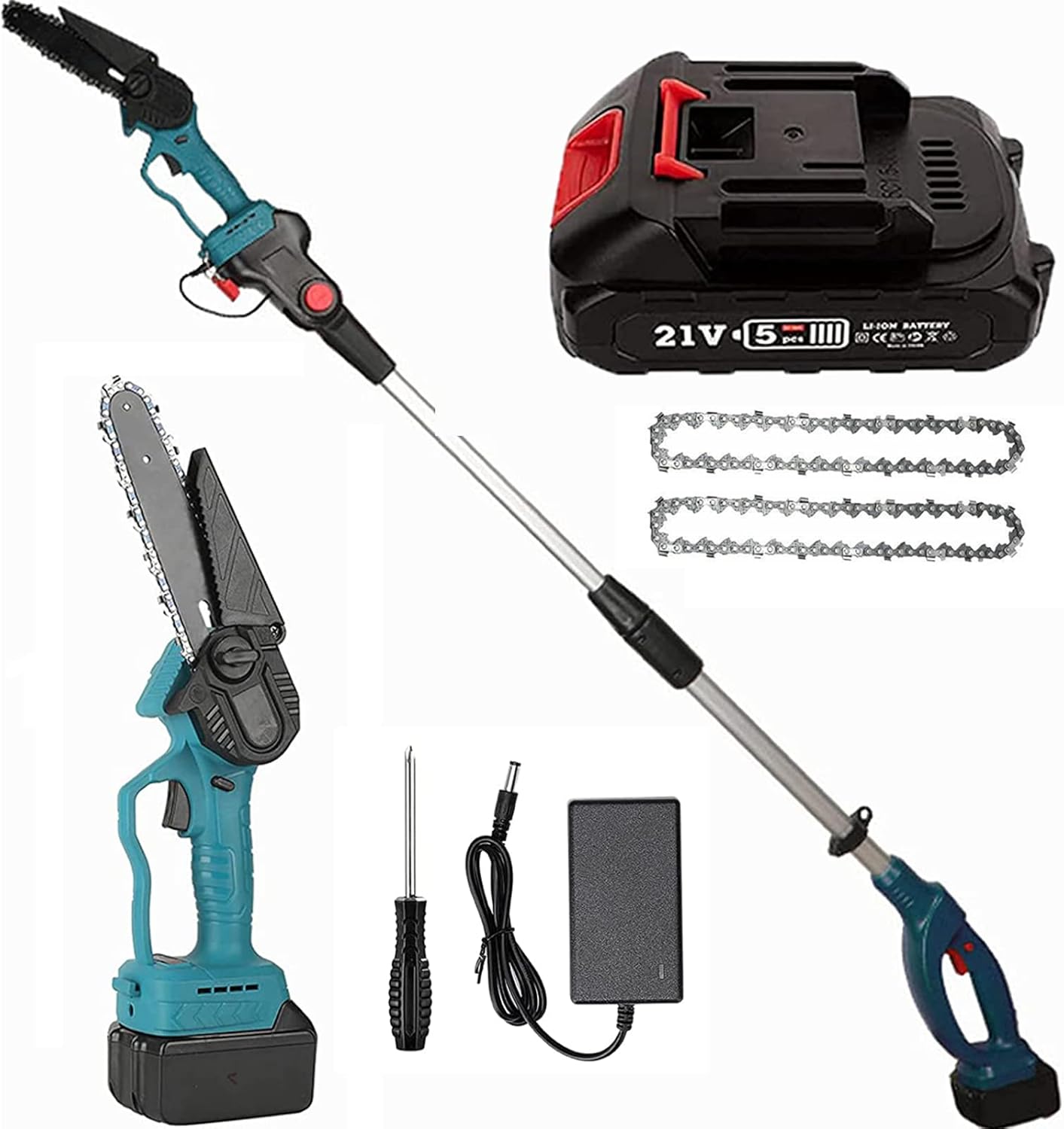 高枝切り電動チェーンソー ブラシレス 充電式チェーンソー 21V2.0Ahリチウムイオン バッテリー付 コードレス高枝チェーンソー 最長1.3m~2m 22cm径高枝切断 角度調節可能 伸縮延長ポール 伸縮チェーンソー 木工作業 充電式高枝チェーンソー マキタ バッテリー互換 日本語取扱説明書 BKBEINGKING (1個 バッテリー)