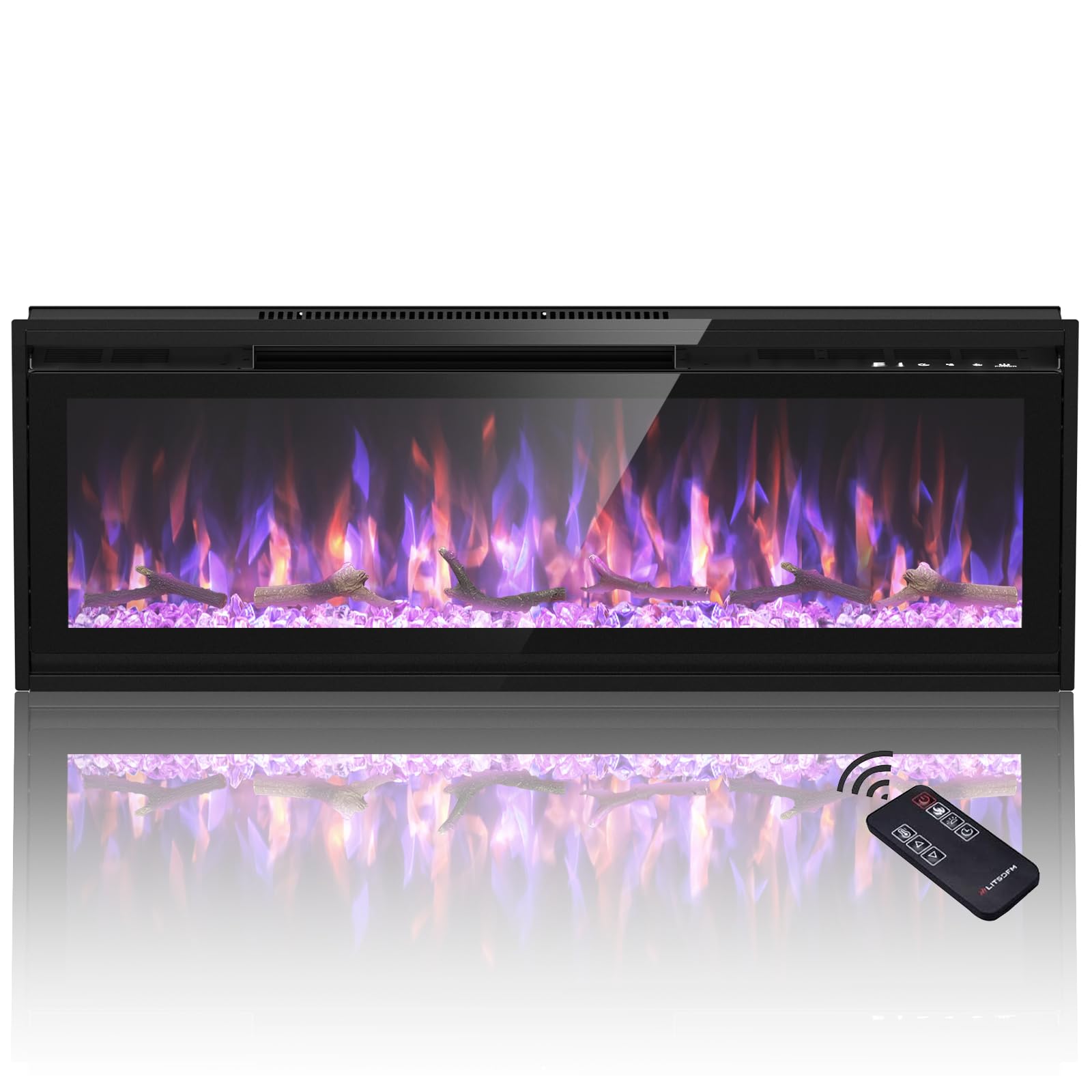 50 Inch Electric Fireplace, Recessed and Wall Mounted Fireplace, Fireplace Heater and Linear Fireplace, with Timer, Remote Control, Adjustable Flame Color, 750/1500W, Black