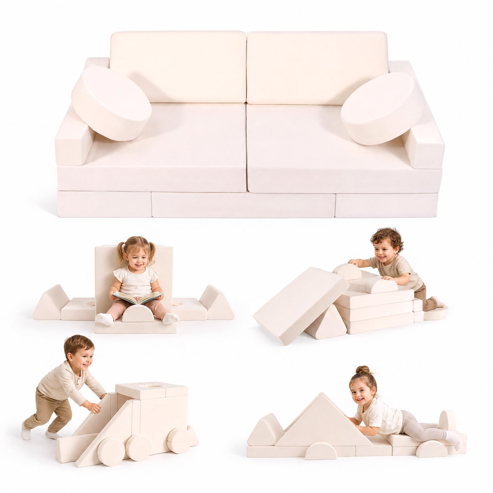 14-teiliges Modulares Spielsofa Beige, DIY Kindercouch mit Waschbaren Bezügen, Weiches Schaumstoff-Sofa, Flexibel Umbau bar für Kinderzimmer & Wohnzimmer
