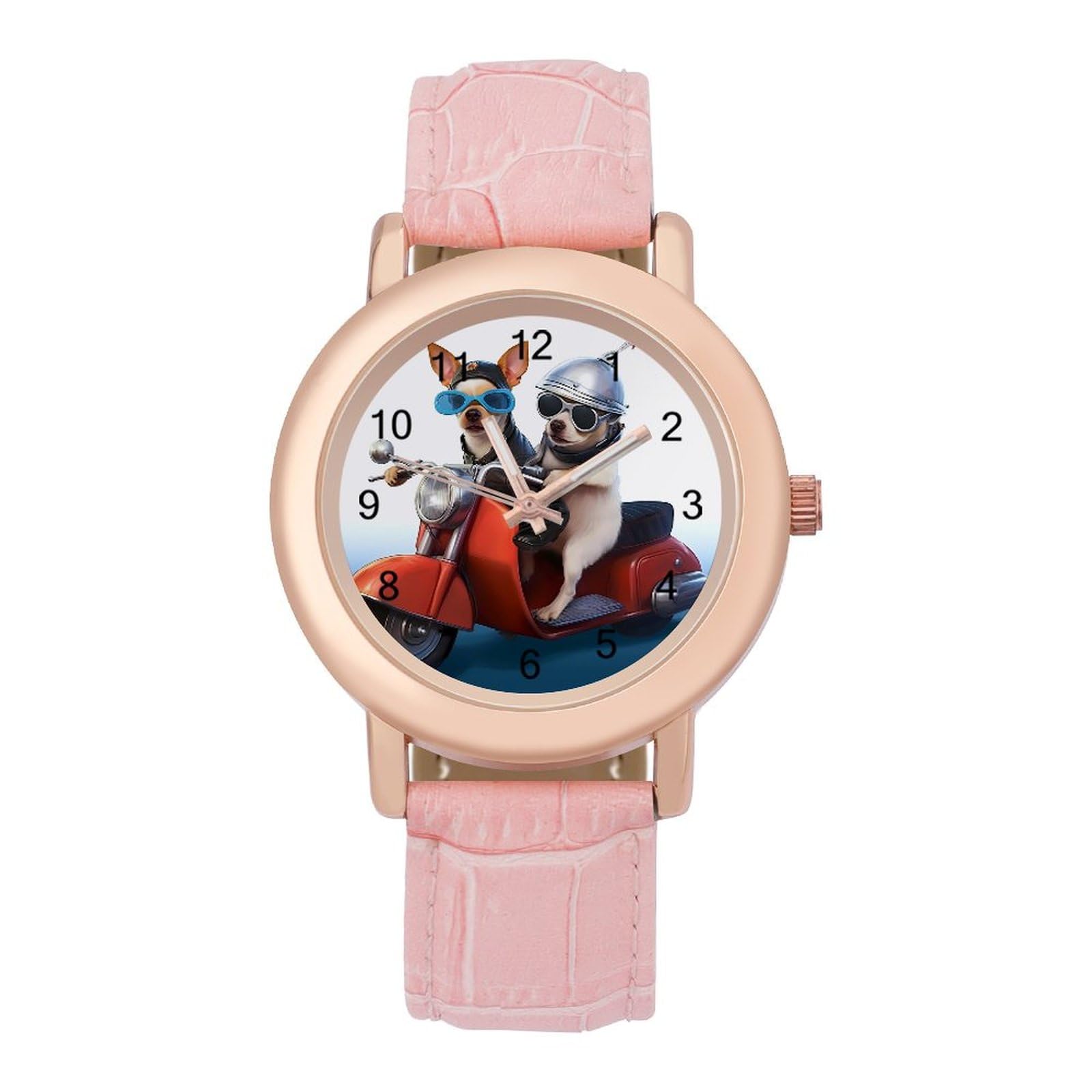 GenericTwo Dogs On Motorcycle Fashion Watch For Women Easy Reader Novelty Round Watches Slim Quartz Casual Dress Wrist Watch Pink