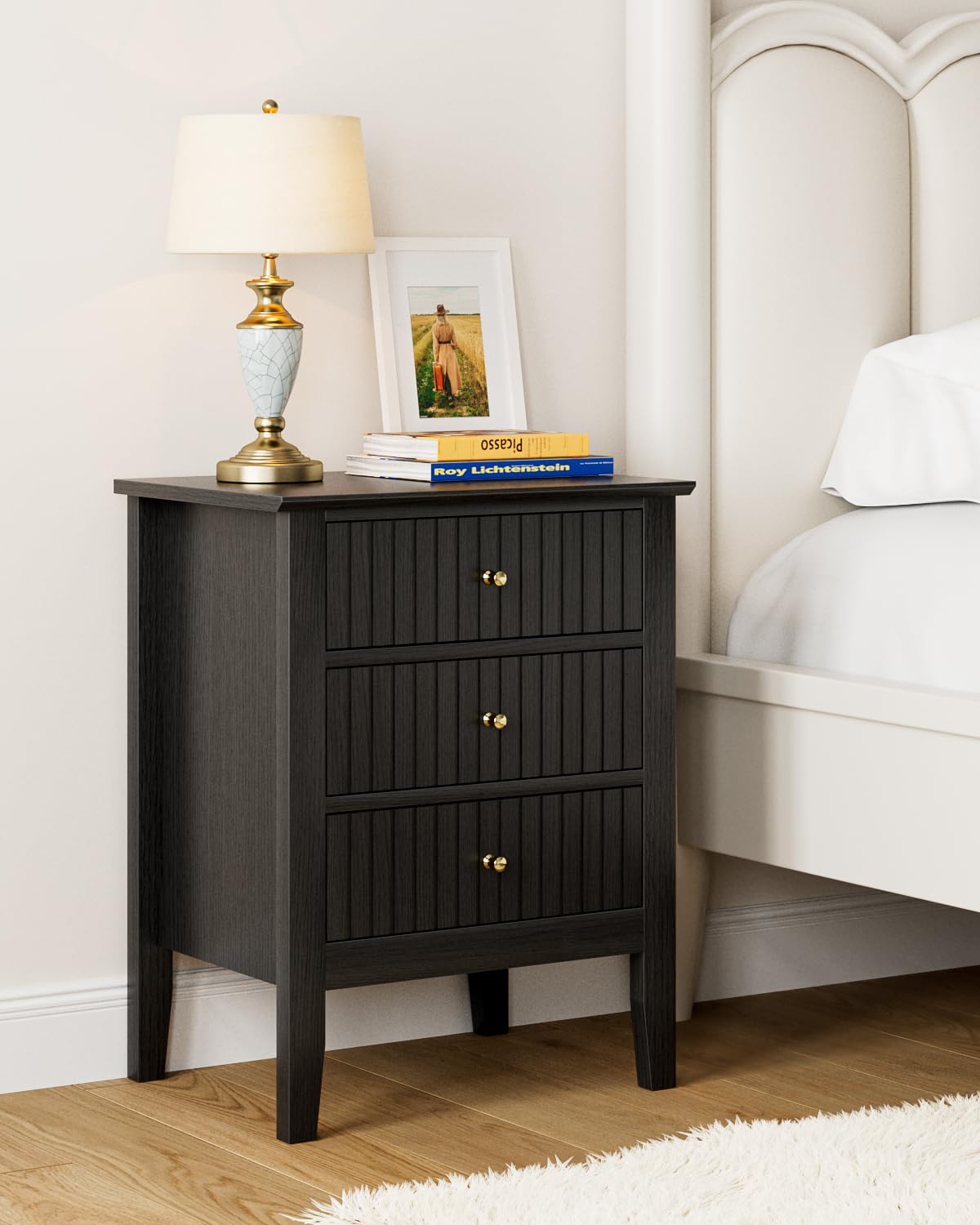 HEYZOEY Nachttisch, Retro Nachtschrank mit 3 Schubladen, Massivholz Nachttisch, Boho Nachtkommode für Schlafzimmer, Wohnzimmer