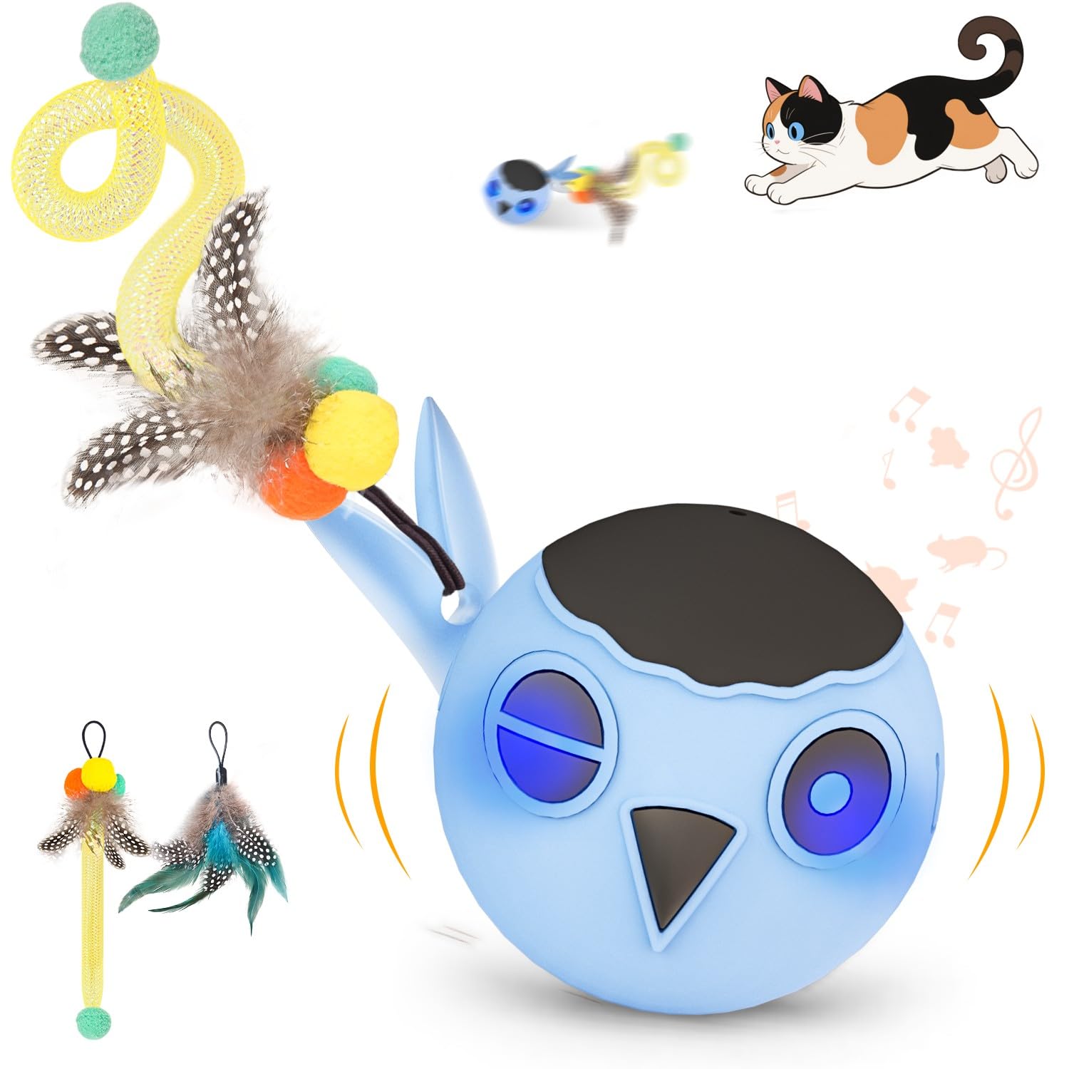 Zeepet katzenspielzeug Ball, Interaktives Katzenspielzeug, katzenball elektrisch, Automatisch Beweglicher Vogelball mit 2 Federschwänzen, Berührungsaktivierung, Mehrere Zwitschertöne