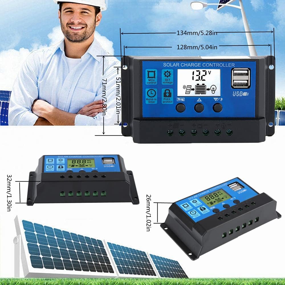 Controlador de Carga Solar PWM 30A 12V/24V Inteligente con Pantalla LCD y Puerto USB