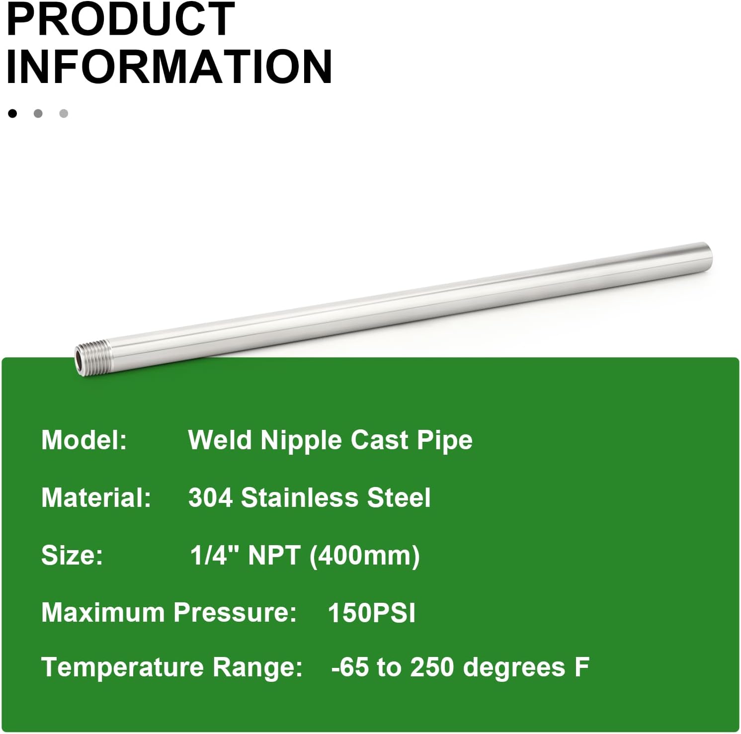 TAISHER 2PCS 304 Stainless Steel Pipe Fittings, 1/4" NPT Male Threaded, 16" Length Weld Nipple Cast Pipe