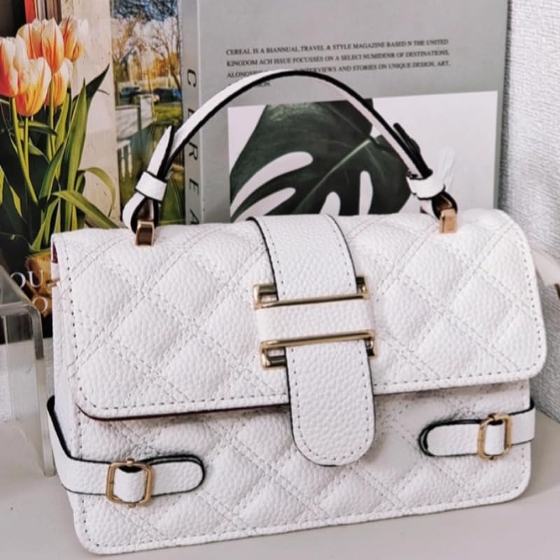 Vintage Quilted Shoulder Bag for Women, Small Square Crossbody Purse with Top Handle & Adjustable Strap - Main Image