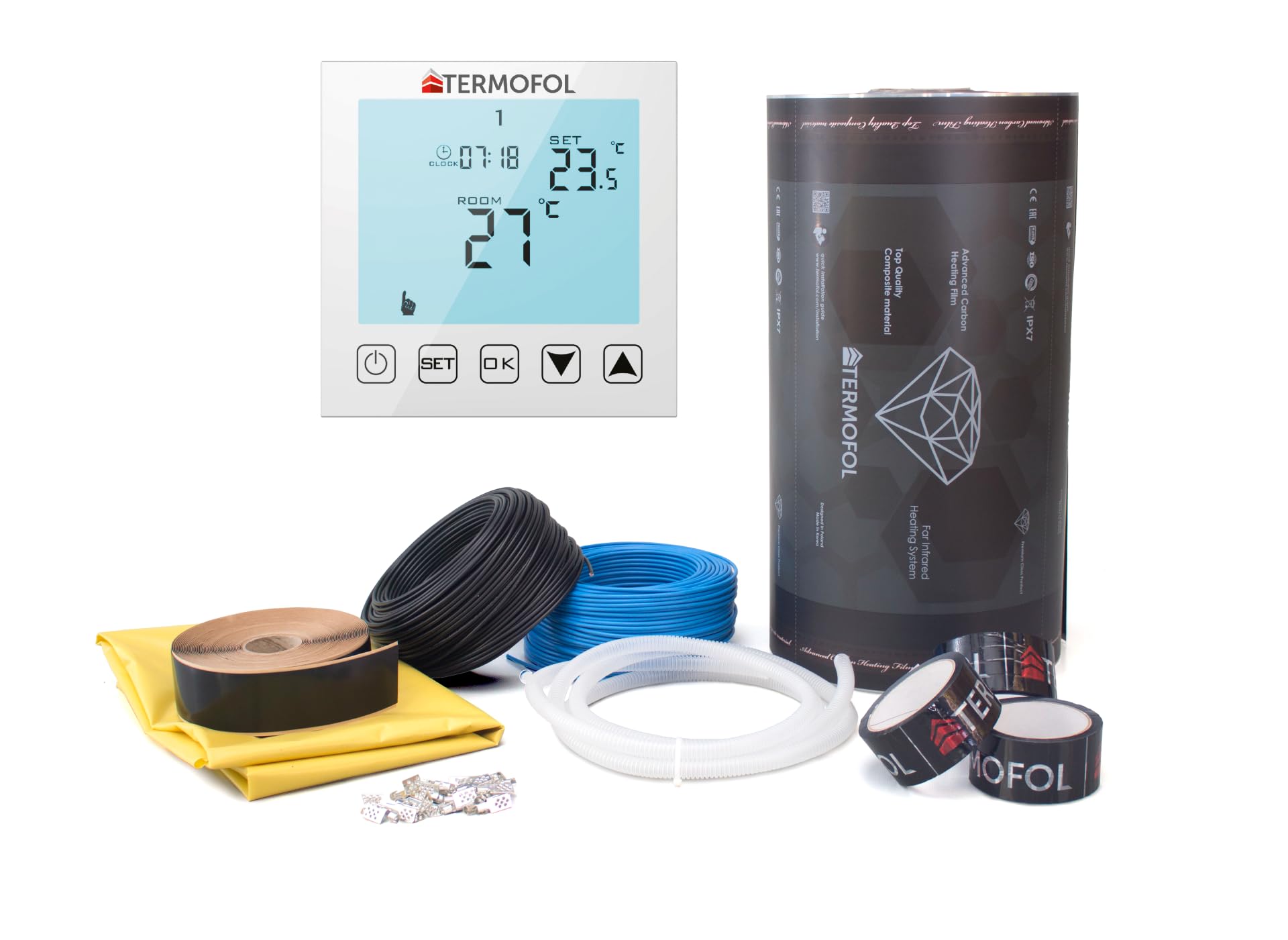 Sistema de calefacción eléctrica por suelo radiante 230 V Premium Diamond – infrarrojos – fibra de carbono – Juego completo para suelo, pared o techo (220 W/m²) con termostato TF-H1 (14 m)