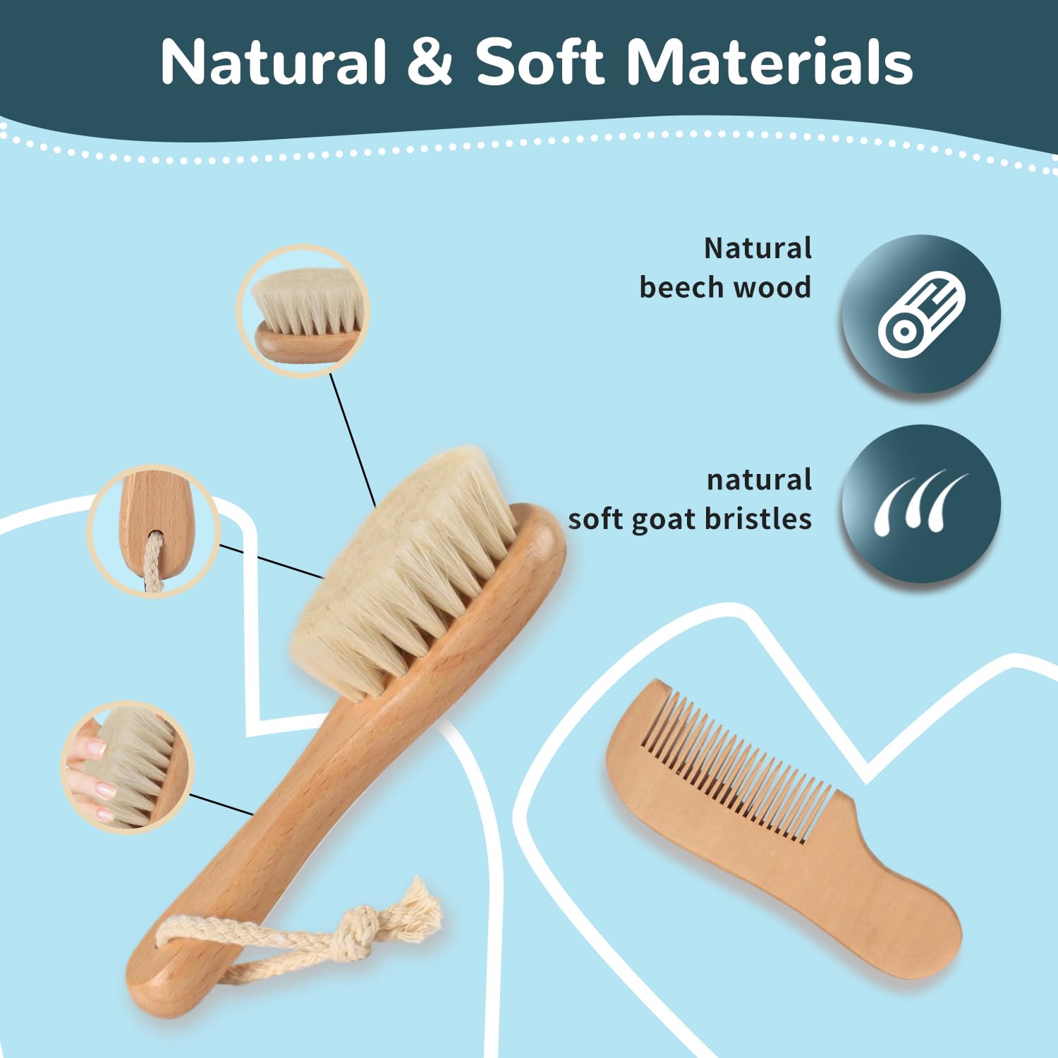 BOMUMVITA Babyhaarbürste und Kamm Set mit weichen Ziegenborsten | Holz-Babyhaarbürsten-Set für Neugeborene und Kleinkinder, gut für Wiegenkappe, Jungen, Mädchen, Badezubehör