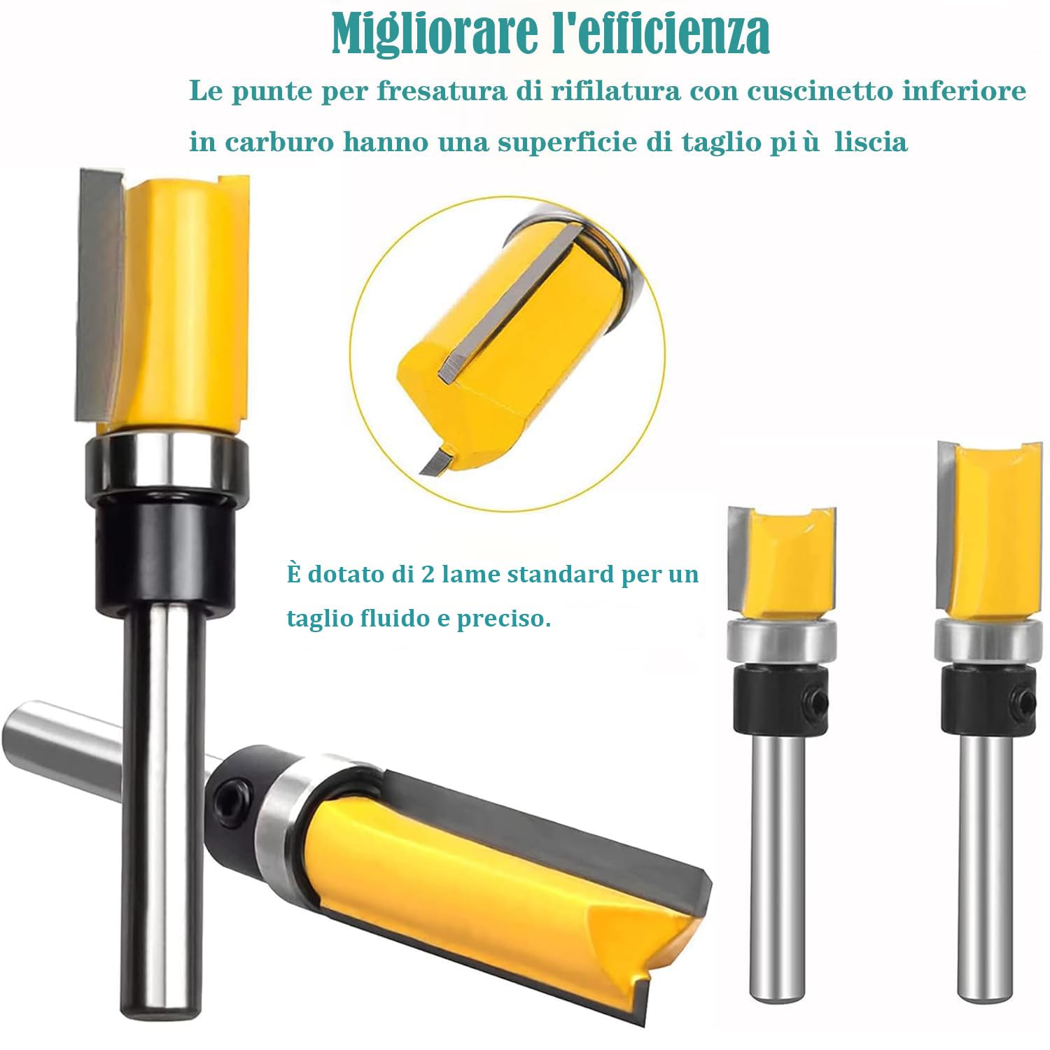 4 Pz Fresa a Taglienti Diritti 1/4" Shank con Cuscinetto Set per Rifilare e Lavorazione del Legno 6.35mm, Fresa per Scanalature e Frese Dritte