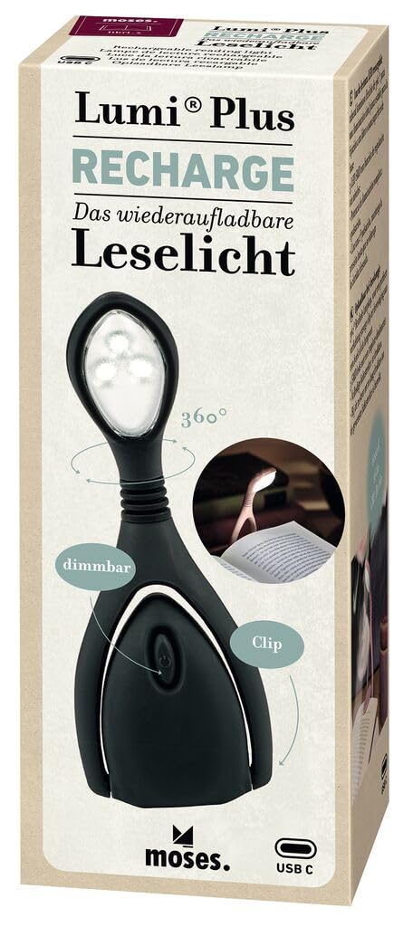 moses. libri_x Leselicht Lumi Plus Recharge Anthrazit, Klemmleuchte mit stufenlosem Dimmer zum Lesen im Dunkeln, wiederaufladbare LED-Leselampe im trendigen Look