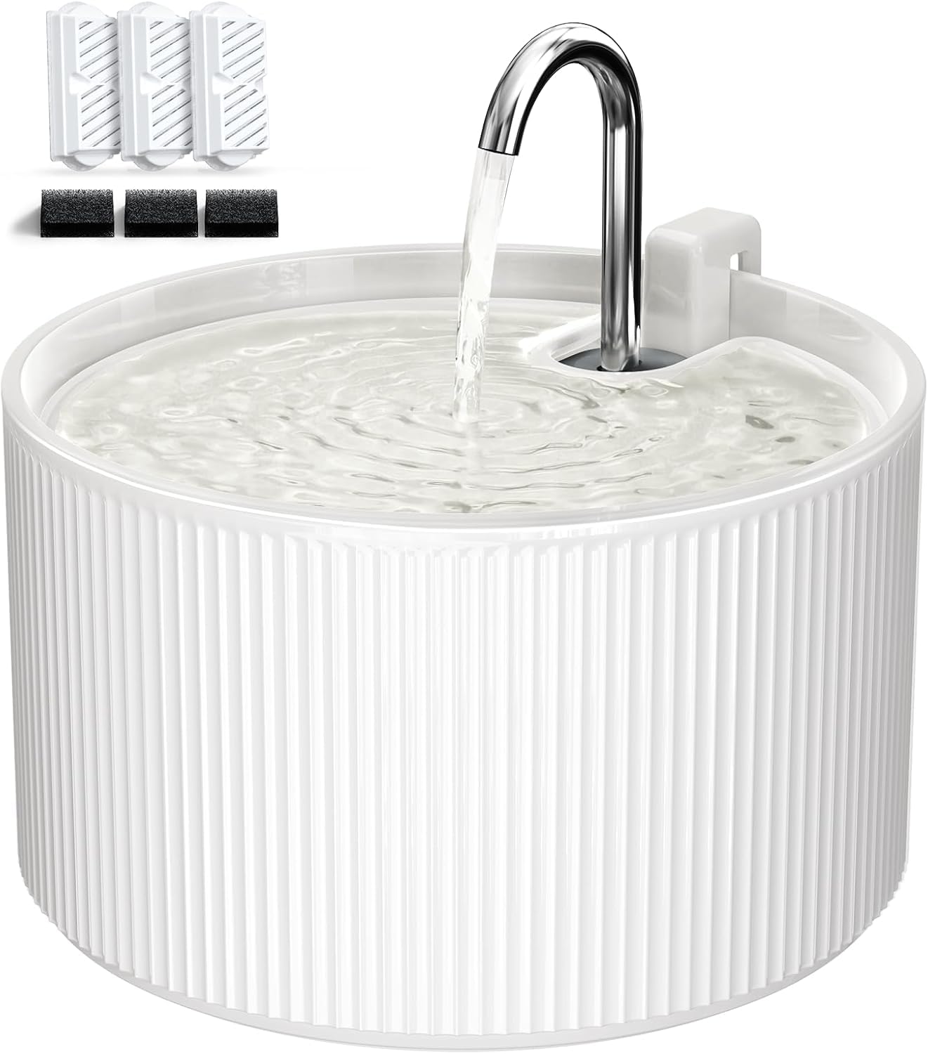 Fuente de cerámica para gatos, 2,2 l/74 onzas para gatos, dispensador automático de agua para mascotas con bomba ultrasilenciosa y 3 filtros de repuesto