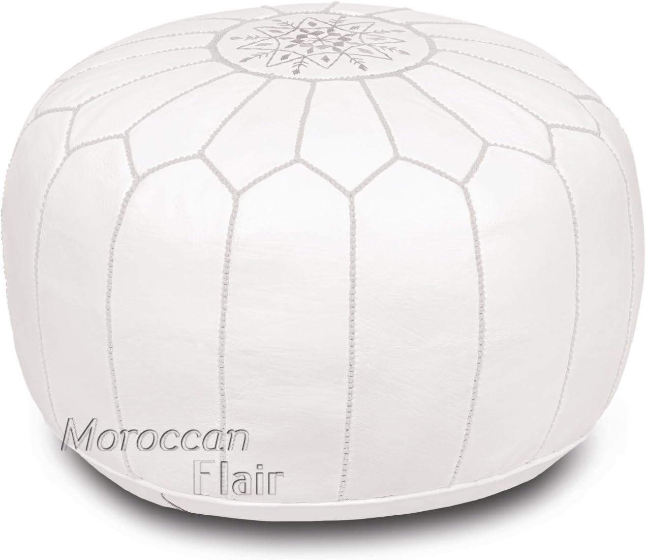 Stuffed Handmade Genuine Leather Moroccan Pouf, Ottoman (White)
