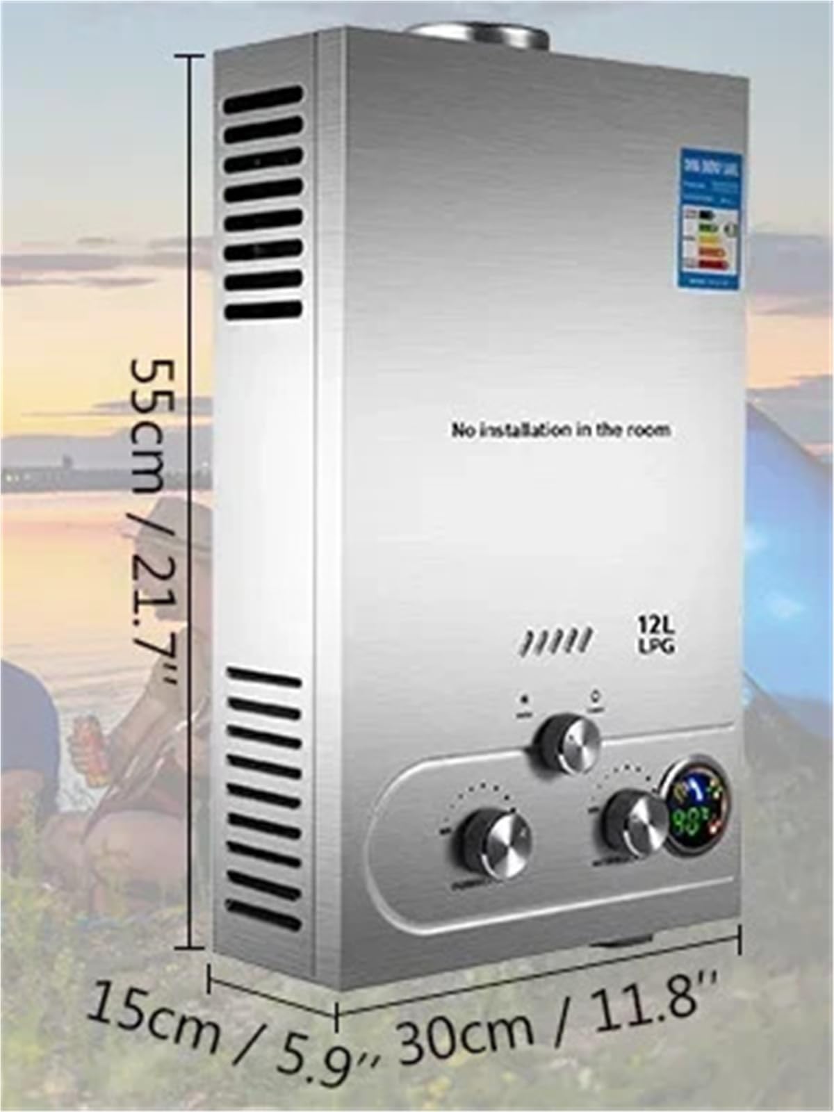 Calentador de agua instantáneo a gas propano 6L a 18L, for baño, exteriores, camping y autocaravanas, Aparato de flujo(12L 24KW)