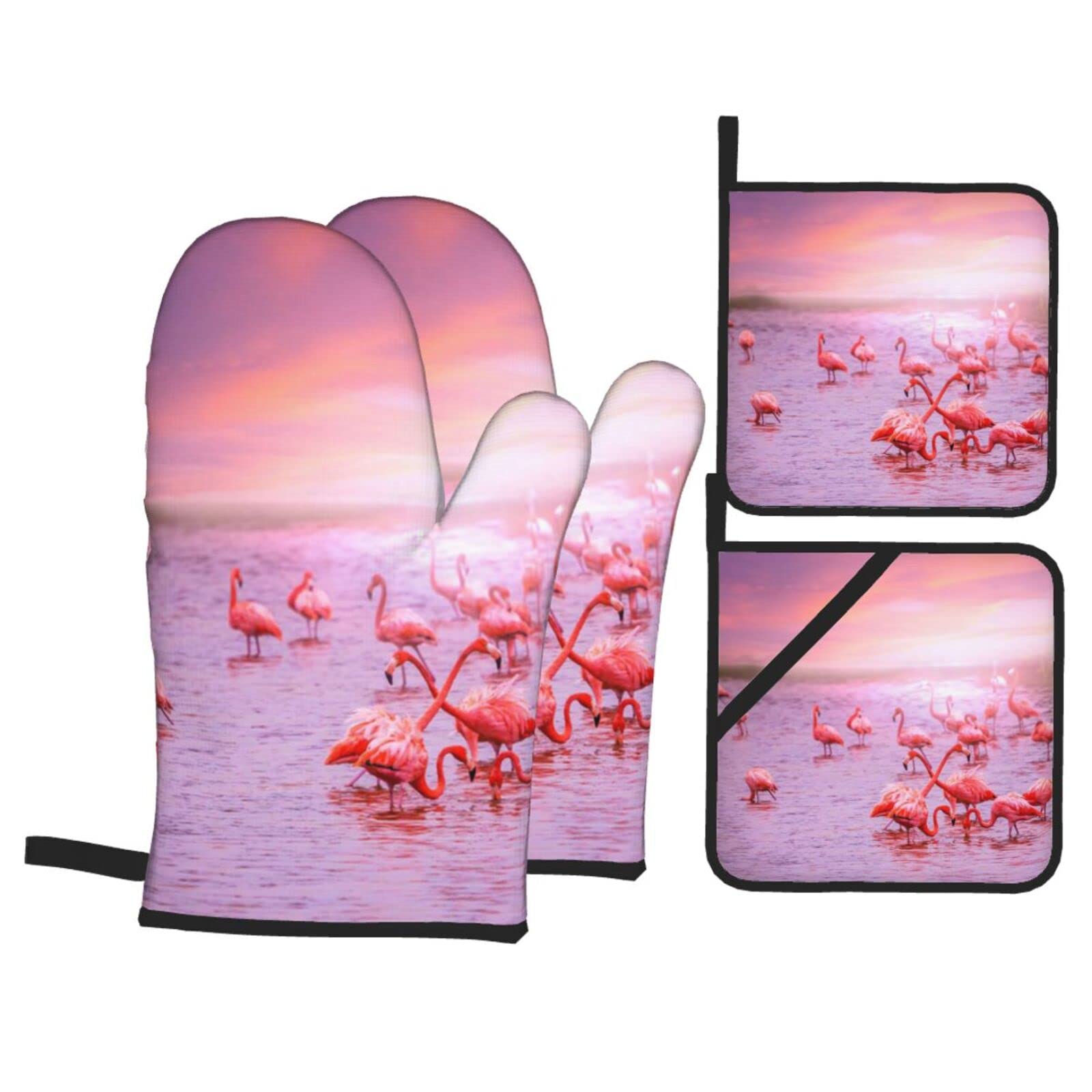Pink Flamingos Print Kitchen Baking Four Piece Set of Heat Resistant Thick Cotton Oven Mitts for Cooking, Baking and Grilling