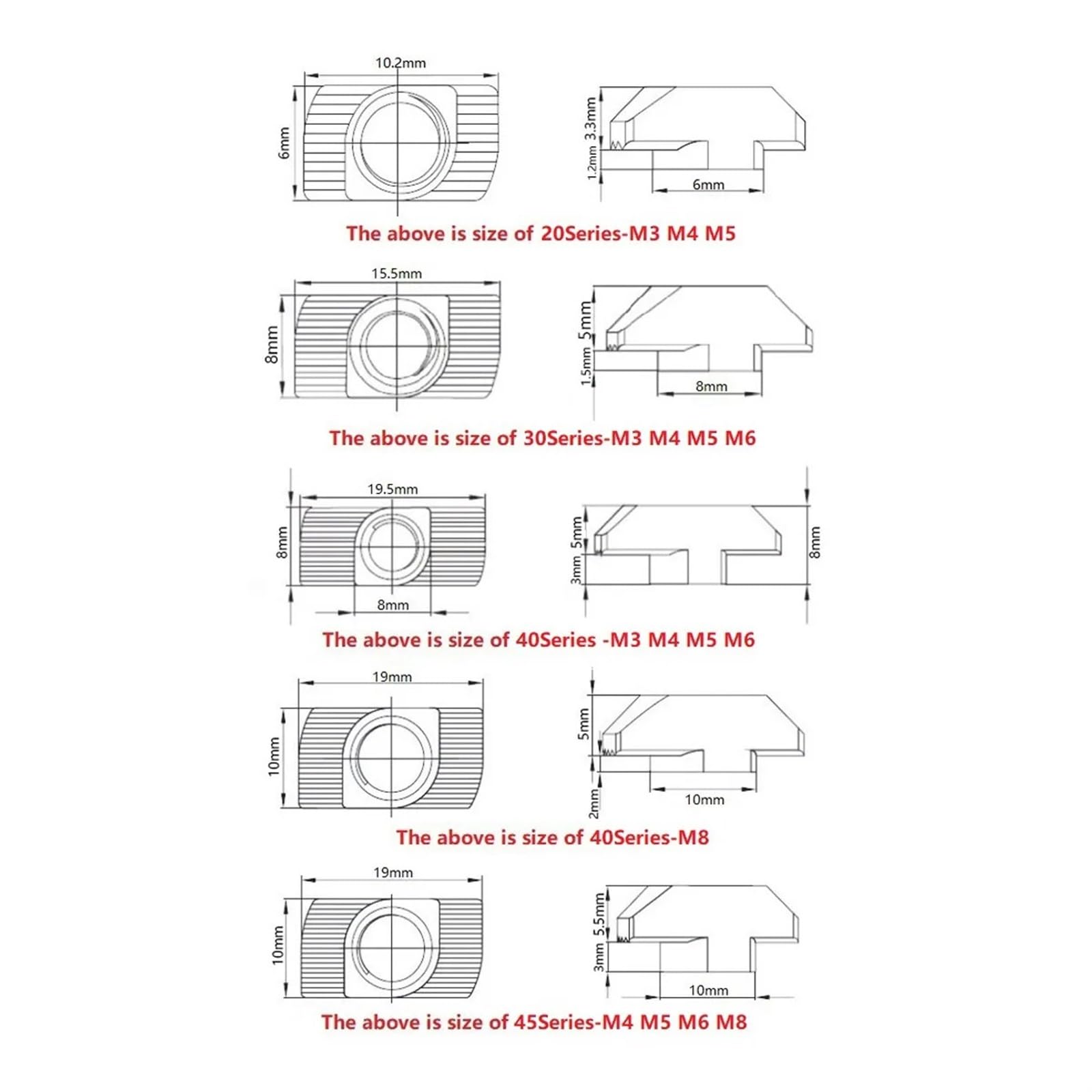 50PCS/Set M3/M4/M5 for 20/30/40/45 Series Slot T-Nut Sliding T Nut Hammer Drop in Fasten ConnectorAluminum Extrusion Profile Linear Motion Guides(30-M6)