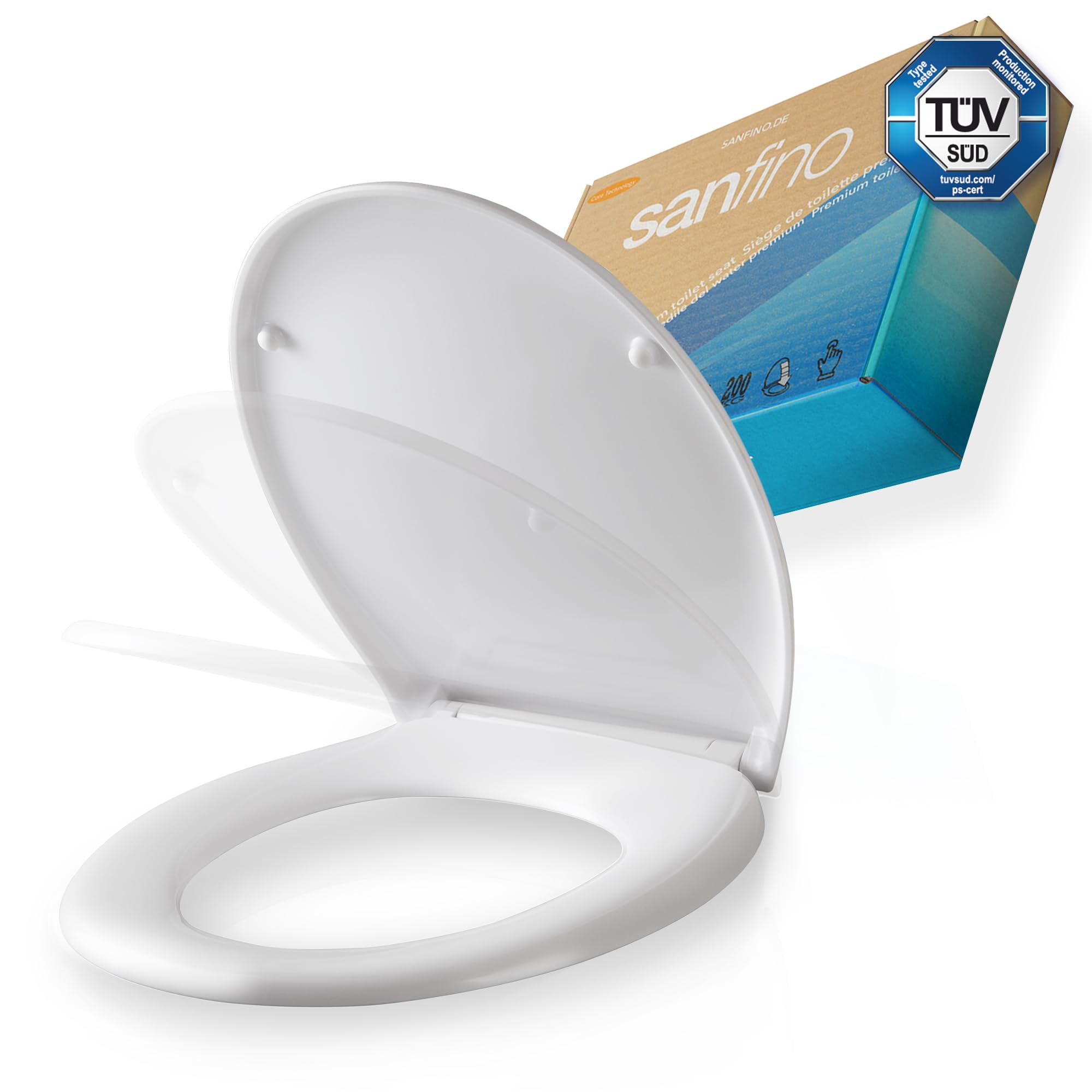 SANFINOPremium Oval Toilet Seat with Soft-Close Mechanism - TÜV-Tested Toilet Seat with Quick Release - Removable Duroplast Toilet Seat - Antibacterial Toilet Lid - O-Shape Toilet Lid White