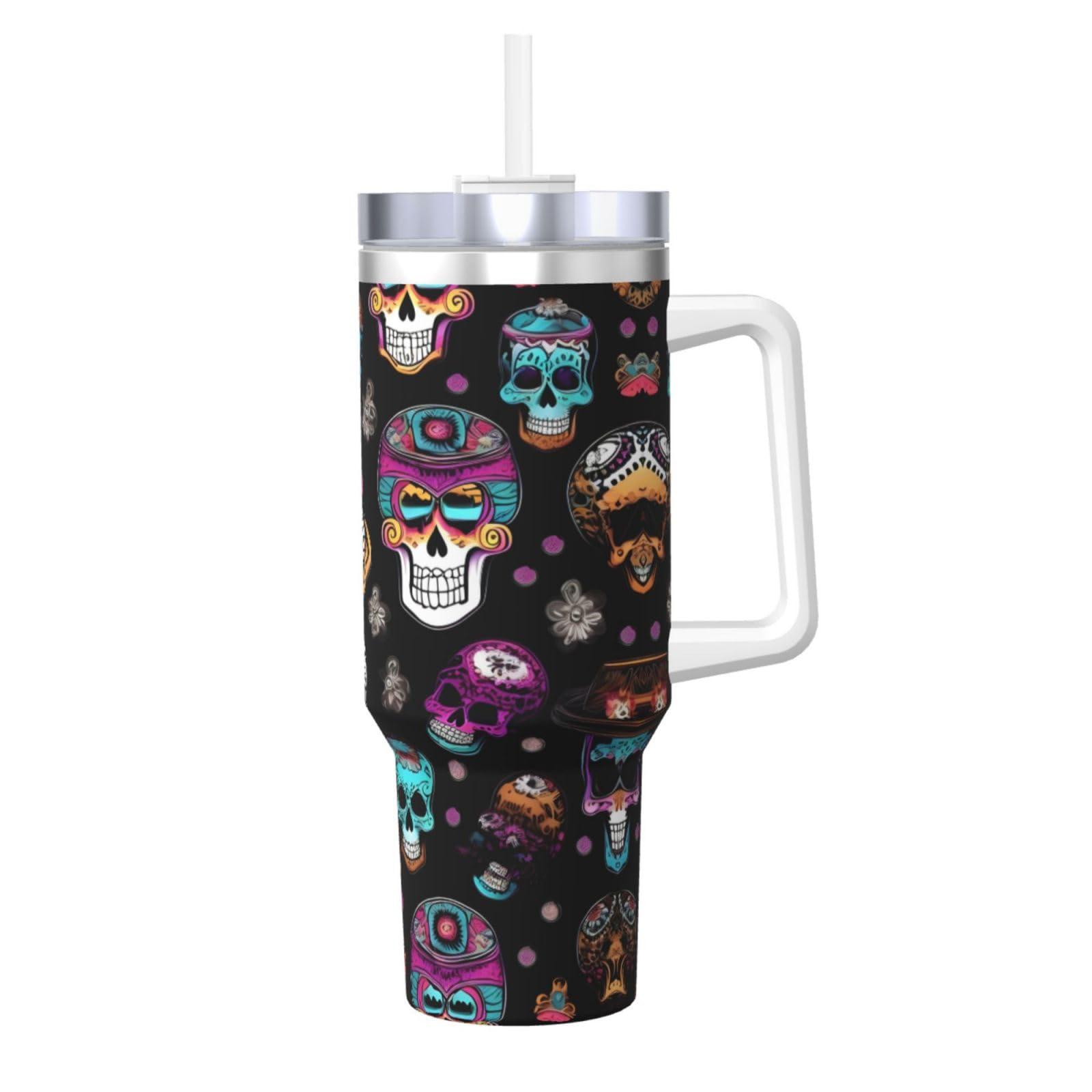 Sugar and Skulls Style Ice Bully Wasserflasche aus Edelstahl, doppelwandig, isoliert, mit Griff und Strohhalm-Deckel, 1,2 l