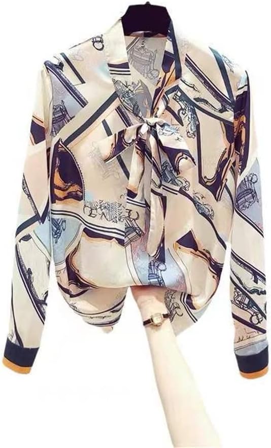 ちょう結び 花 シャツ レディース 長袖 春 プリント シフォン シャツ トップス (Color : A, Size : 2XL)