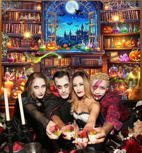 Halloween-Hexen-Hintergrund, Halloween, Bücherregal, Kürbis, Fenster, Hexe, gruseliges Schloss, Hintergrund für Kinder und Erwachsene, Hallowmas Magie, Party-Dekorationen, Foto-Requisiten, Hintergrund
