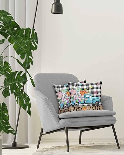 Miniatura 4 de MAIANNE Pack of 2 Cotton Throw Pillow Covers, Blue Truck Black Plaid Easter Bunny Tail Carrot Soft Square Pillow Covers Home Decoration Pillowcases