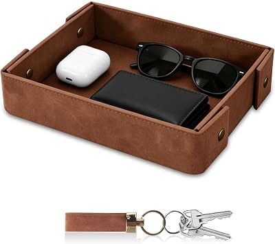 SITHON Valet Tray for Men, Premium PU Leather Catchall Tray Nightstand Organizer for Keys, Wallet, Watch, Phone, Great Christmas Birthday Graduation Fathers Day Gift for Him Brown