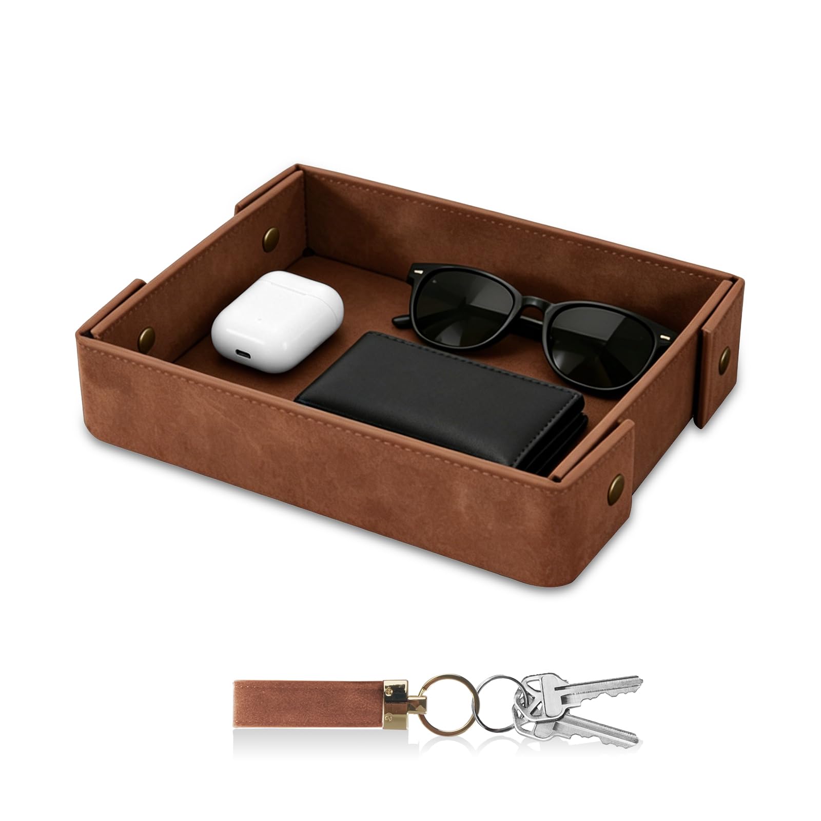 SITHON Valet Tray for Men, Premium PU Leather Catchall Tray Nightstand Organizer for Keys, Wallet, Watch, Phone, Great Anniversary Christmas Birthday Father’s Day Gift for Him (Brown)