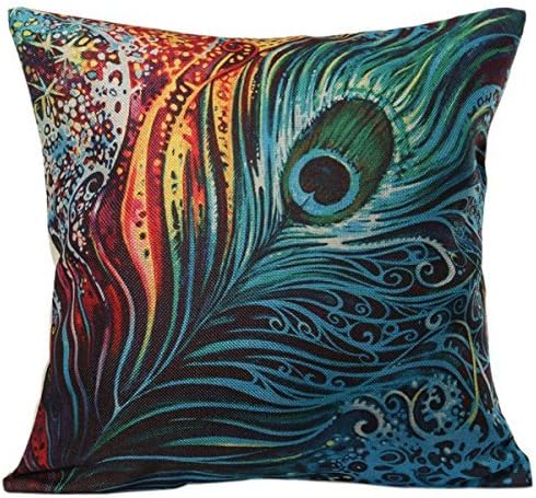 Monkeysell Peacock Pattern Vintage Cotton Linen Square Throw Pillow Case Decorative Cushion Cover Pillowcase Cushion Case for Sofa,Bed,Chair18 X 18 Inch (S018B2)