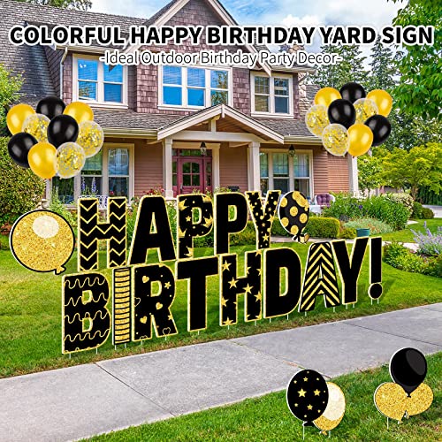 HOBBY HORSE 18 Pieces Black Gold Happy Birthday Yard Sign with Stakes, 18 Balloons Giant 16 Inch Birthday Yard Sign Lawn Decoration Waterproof Birthday Letter Lawn Sign for Garden Party Decor