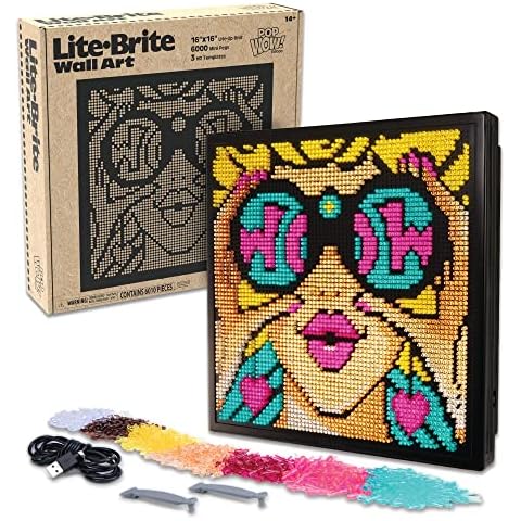 Lite Brite Wall Art POP Wow - 16" x 16" Screen, 6,000 Mini Pegs, 3 HD Designs, Great Gift for Ages 14+, DIY Activity Set for Teens and Adults, Dorm Room Wall Décor, Includes 1 Tablet Cover