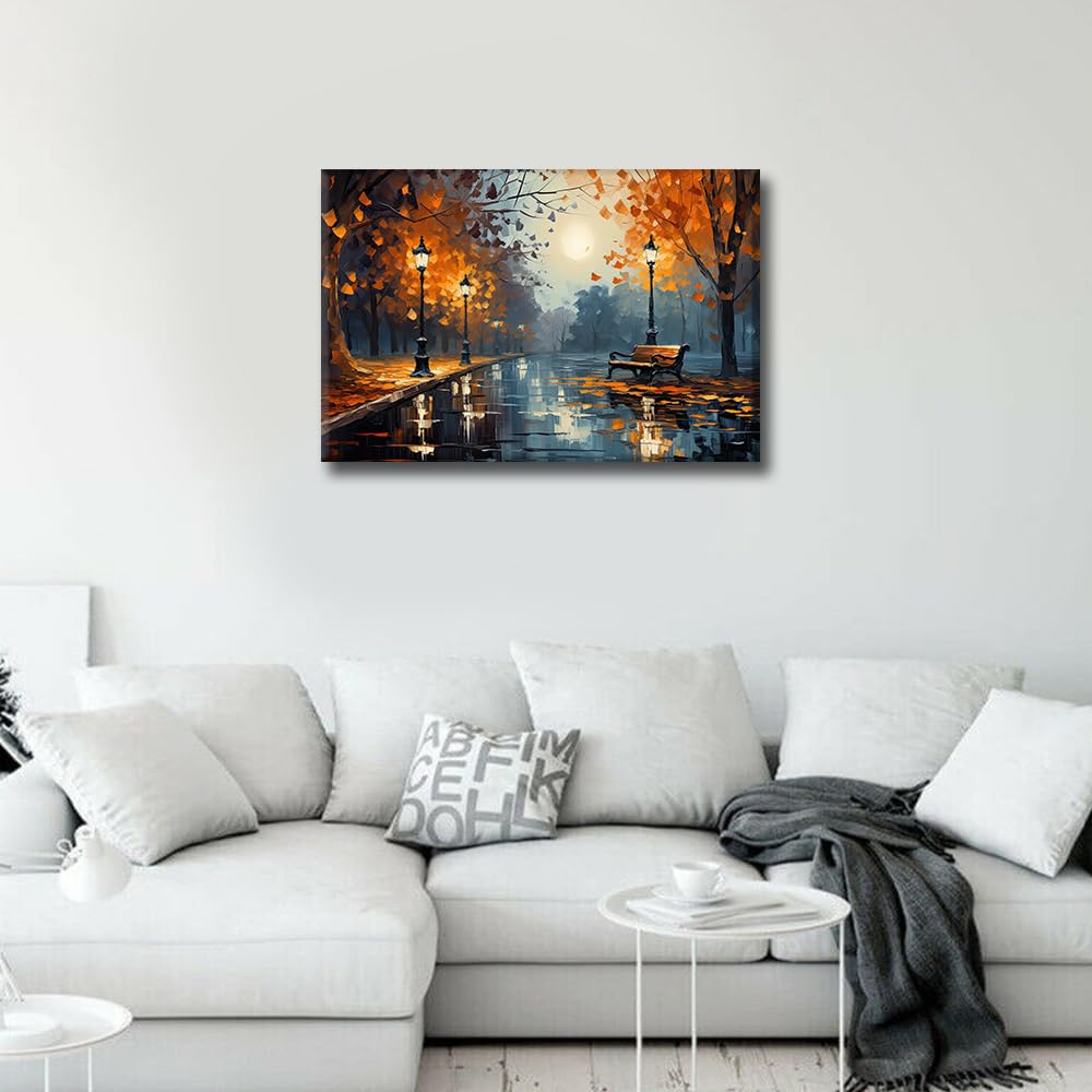 TISHIRON Bench in Park Prints Poster Canvas Print Flowers and Trees Oil Painting Style Impressionism Painting Wall Art for Living Room Bedroom Office Decor Framed Ready to Hang 16"x24" - Image 3