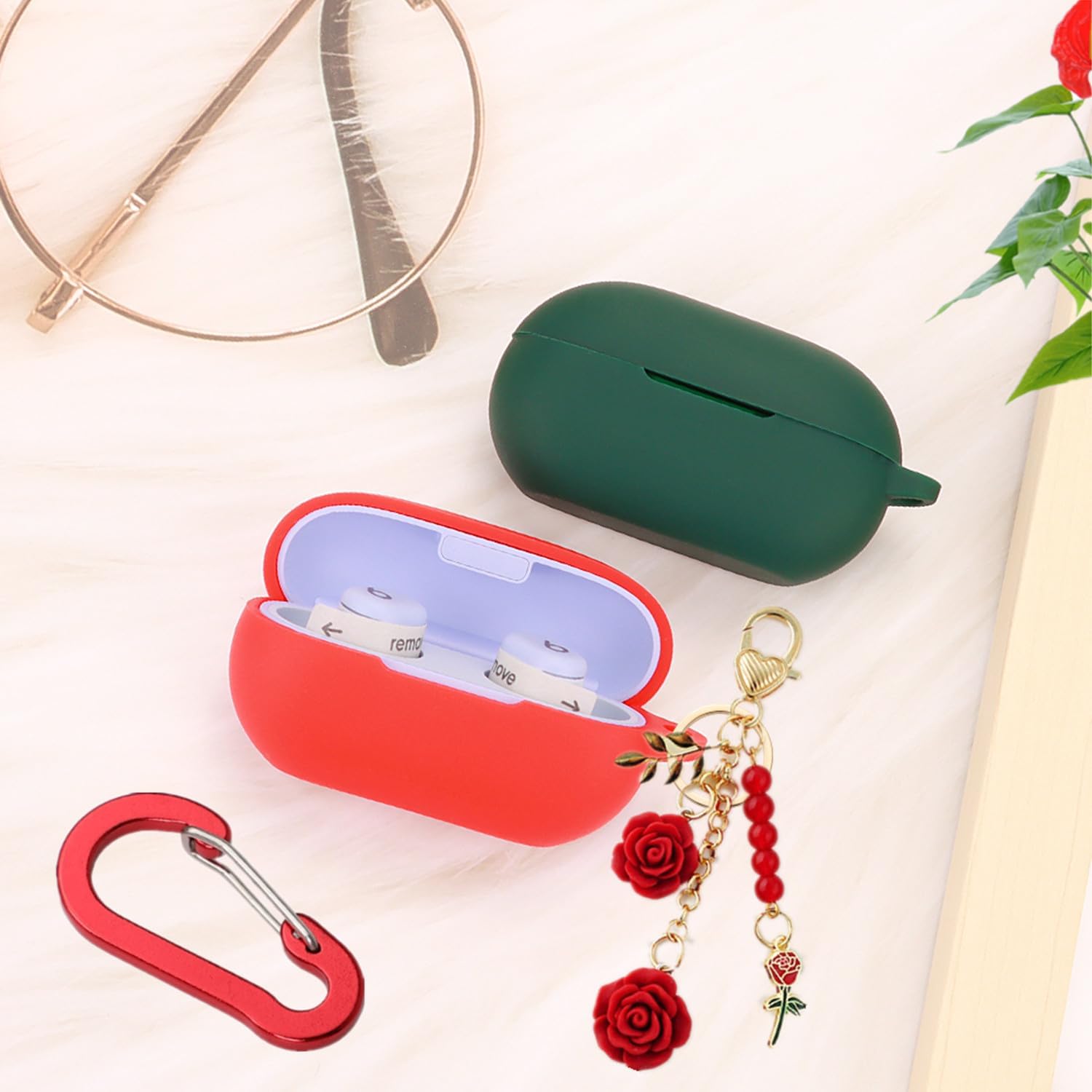 Case for Beats Solo Buds Case Cover with Flower Keychain, Cute Soft Silicone Shockproof Protective Skin Cases for Beats Solo Buds Wireless Earbuds with Carabiner for Women Girl (Green) - Image 7