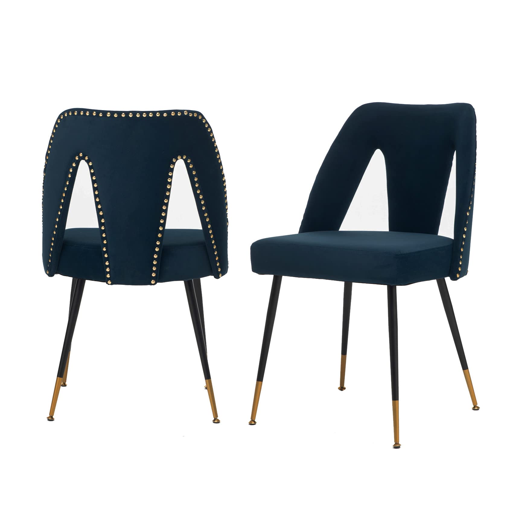 Aoowow Modern Dining Chairs Set of 2, Velvet Upholstered Side Chairs with Nailheads and Gold Tipped Black Metal Legs,Blue (Blue)