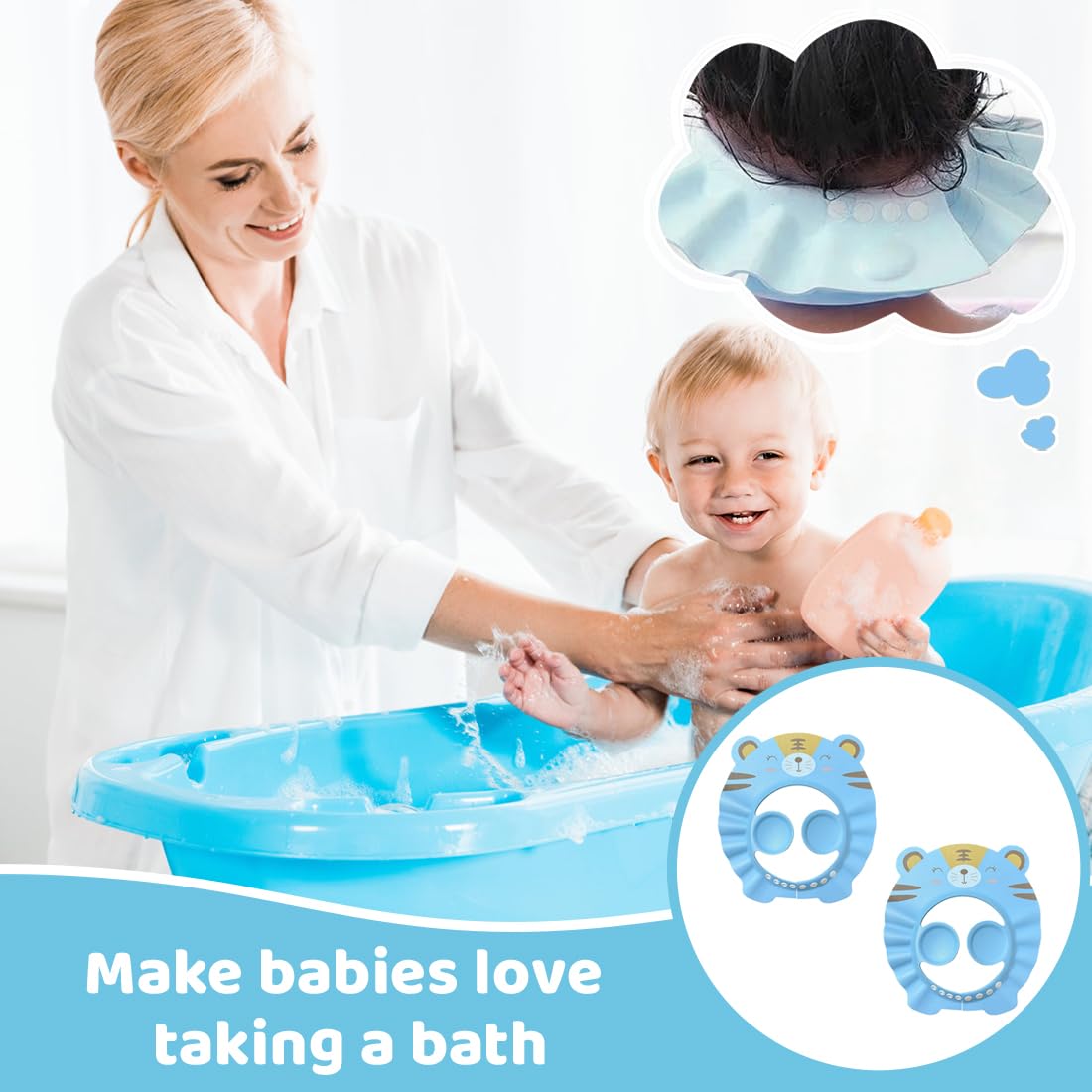 2 cuffie da doccia per bambini con protezione per le orecchie, ausili per lo shampoo, cuffie per il lavaggio dei capelli dei neonati (disegno con orso blu).