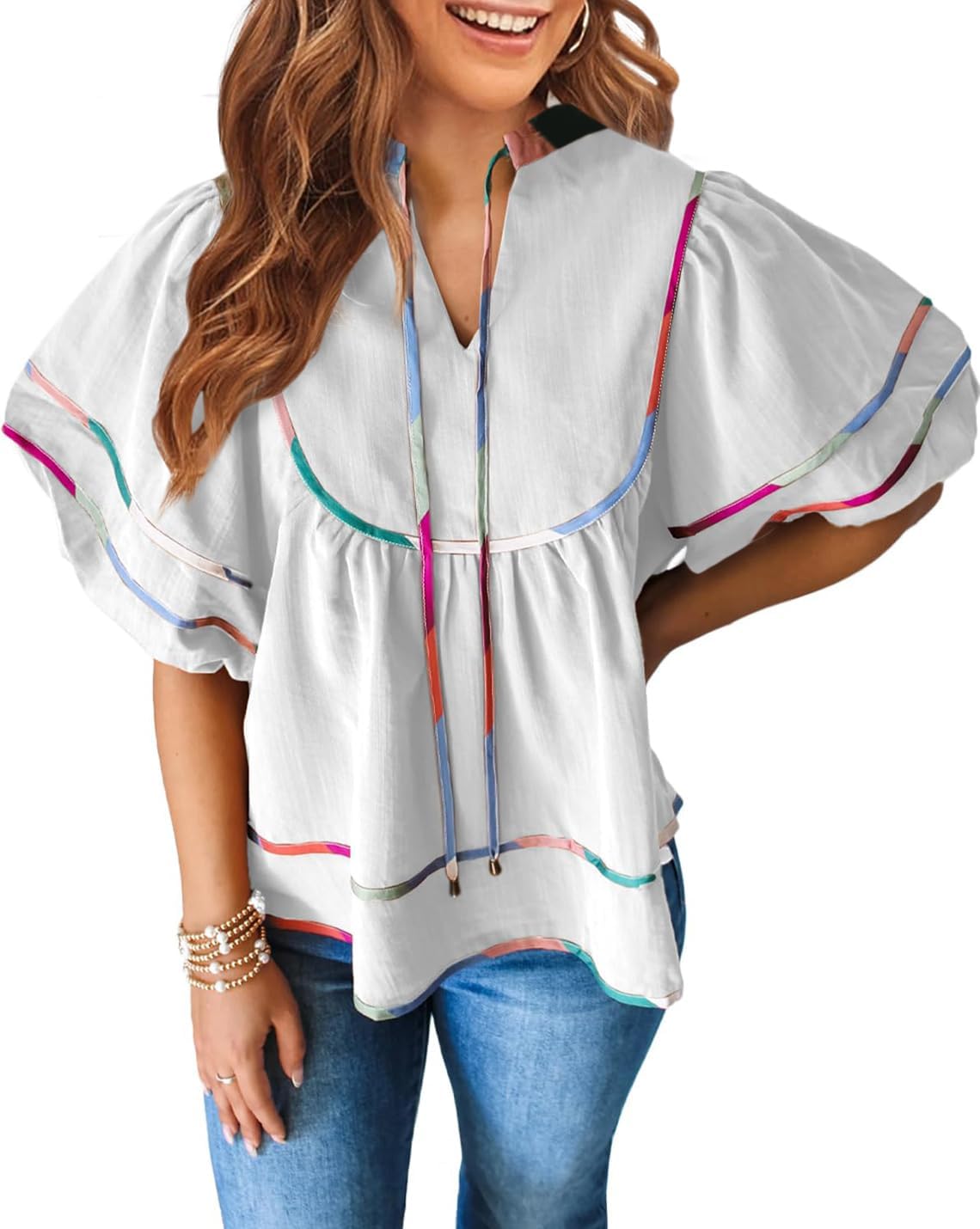 Women's Summer Boho Tops Puff Sleeve V-Neck Loose Flowy Babydoll Blouses - Image 2